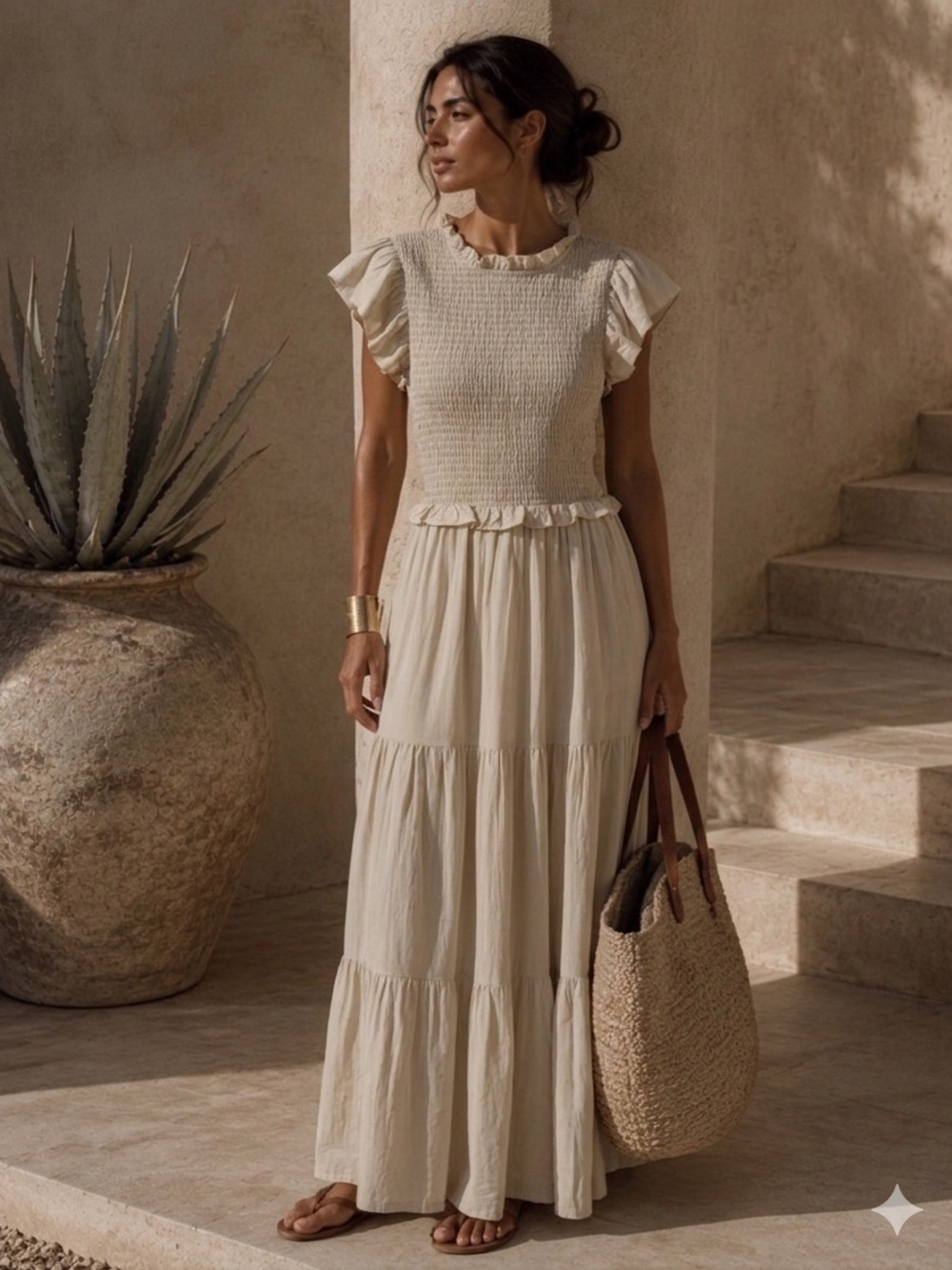 En Saison Linen Blend dress smocked tiered open back natural midi maxi dress